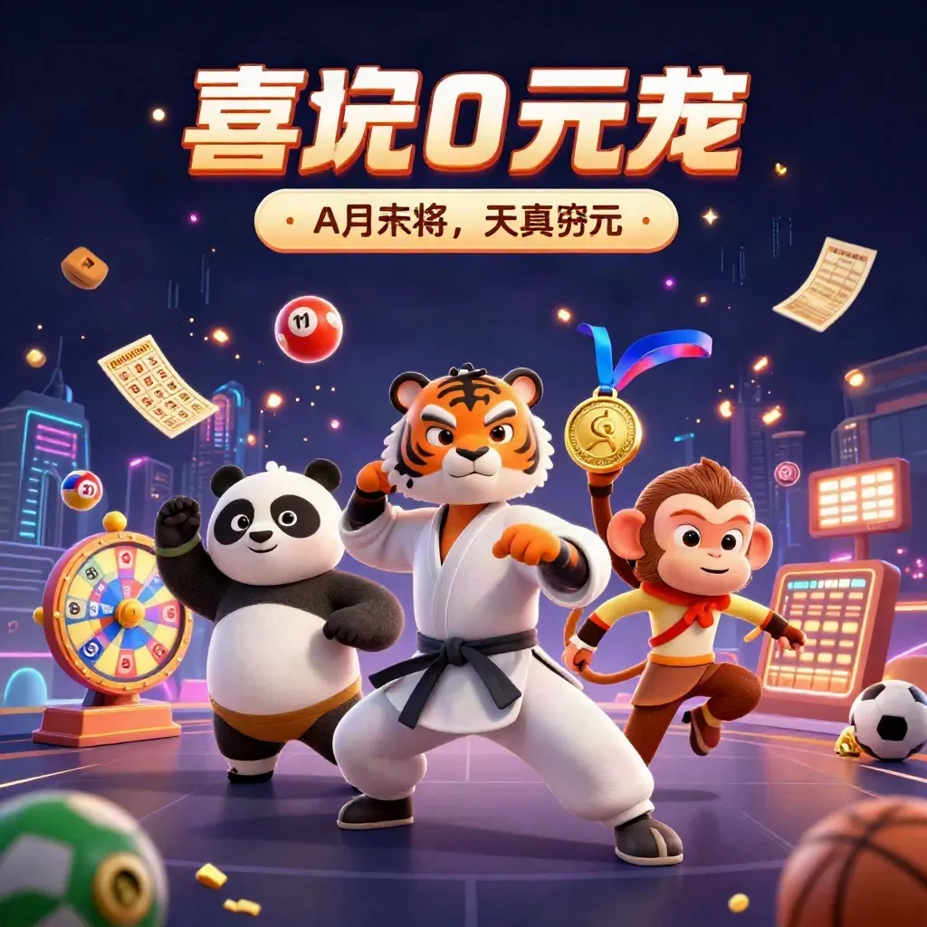 Kung-fu tiger, panda, and monkey amid casino lights, lottery balls, prize wheel, and gold tickets.