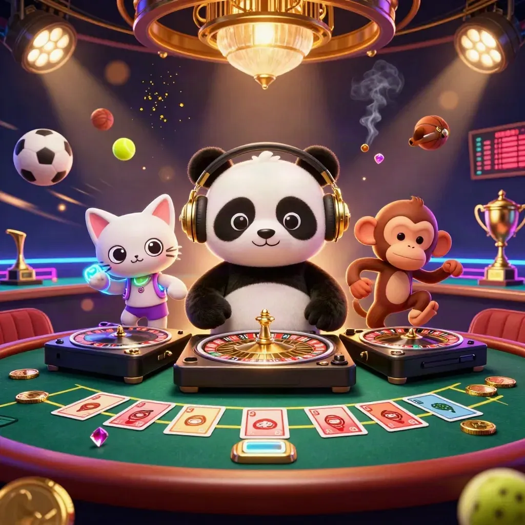 DJ panda, monkey, and glow kitten in a luxe neon casino scene with flying sports balls and gold glow