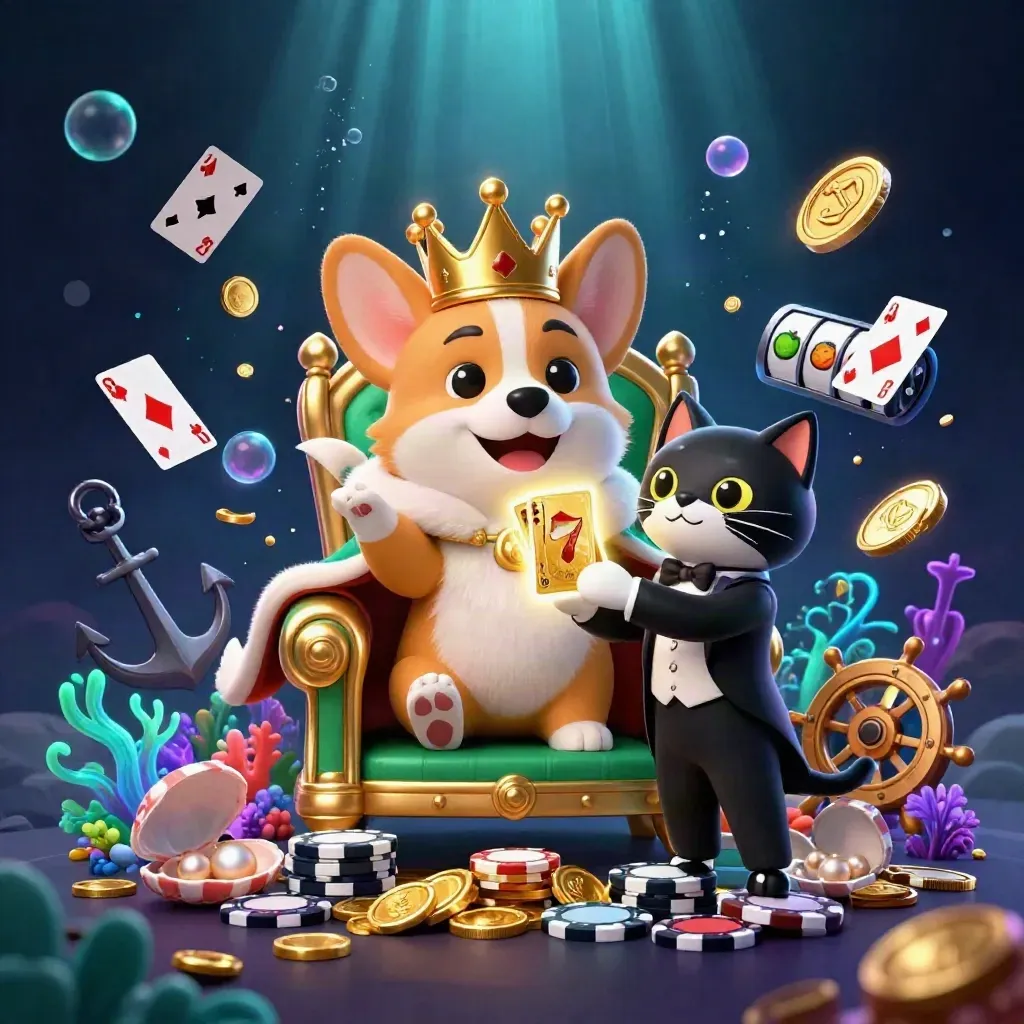 Crowned corgi and cat butler amid underwater treasure, coins, cards, and casino icons.
