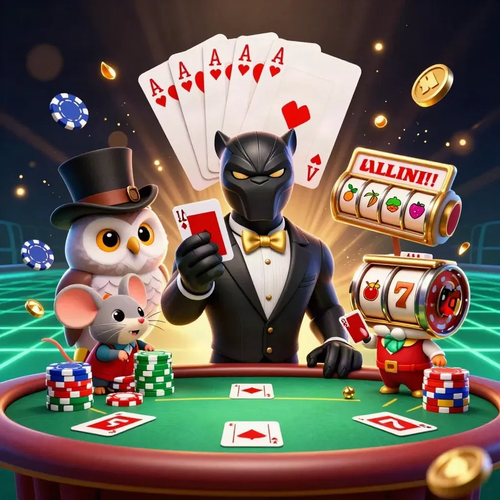 Panther, owl, and mouse deal glowing cards amid chips, aces, reels, and casino lights.