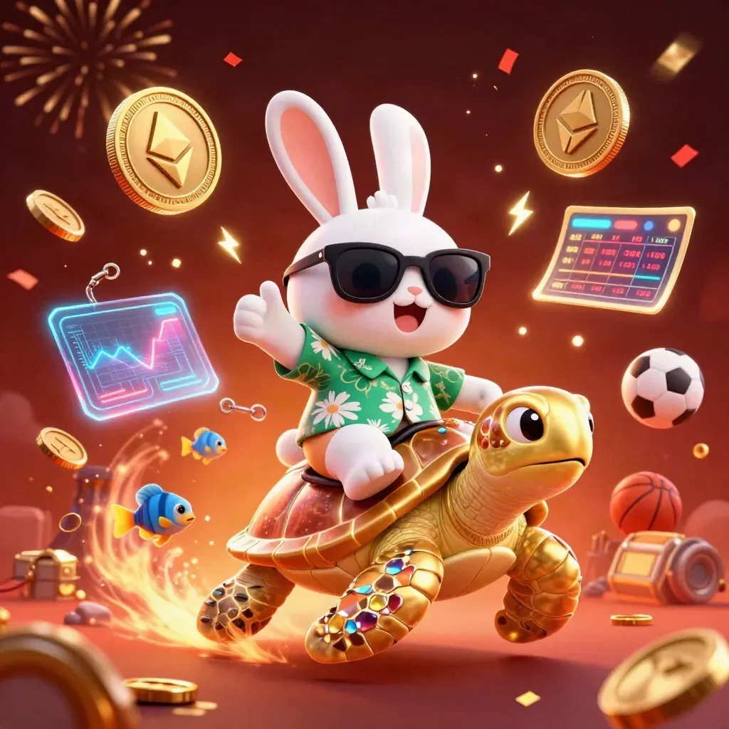 Lucky rabbit rides a golden turtle amid coins, fireworks, sports bets, and neon casino energy.